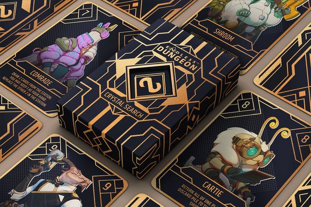 Card game packaging surrounded by hero cards